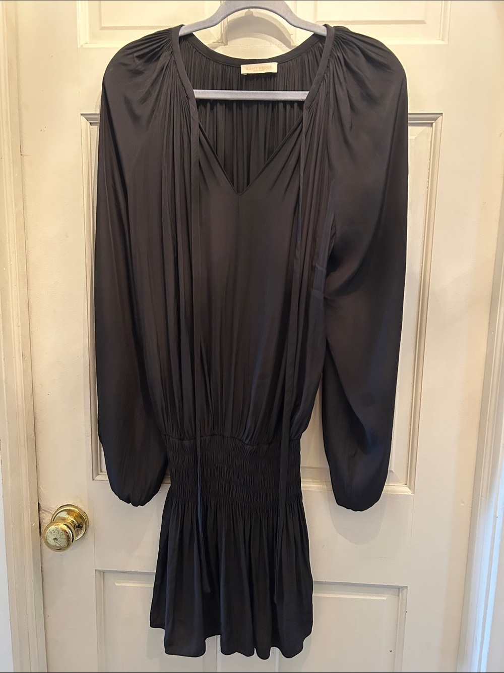 Ramy Brook Black Long-Sleeve V-Neck Smocked-Waist Dress